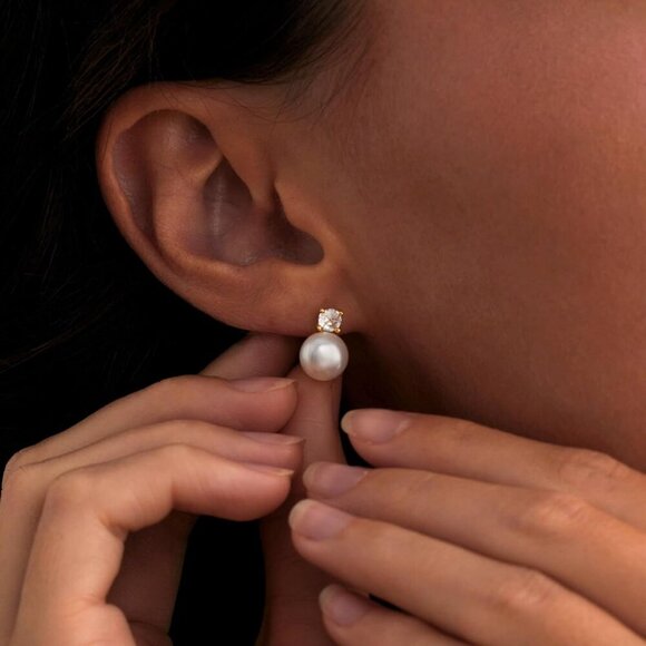 Pearl Earrings Women Dainty Gold Plated Sterling Silver Drop Bridal Jewelry - Picture 4 of 8